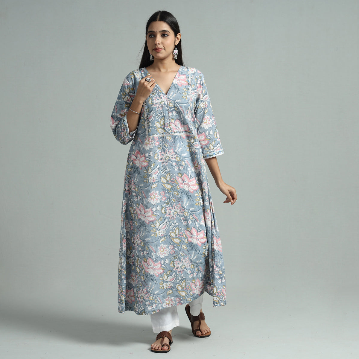 Light Blue - Sanganeri Block Printed Cotton A-Line Kurta