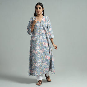 Light Blue - Sanganeri Block Printed Cotton A-Line Kurta