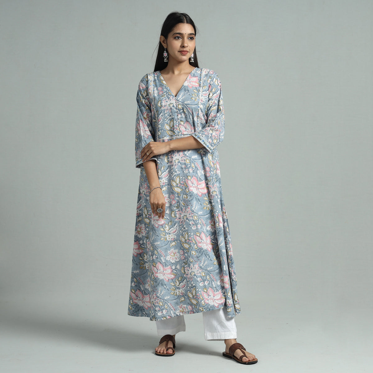 Light Blue - Sanganeri Block Printed Cotton A-Line Kurta