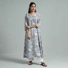 Light Blue - Sanganeri Block Printed Cotton A-Line Kurta