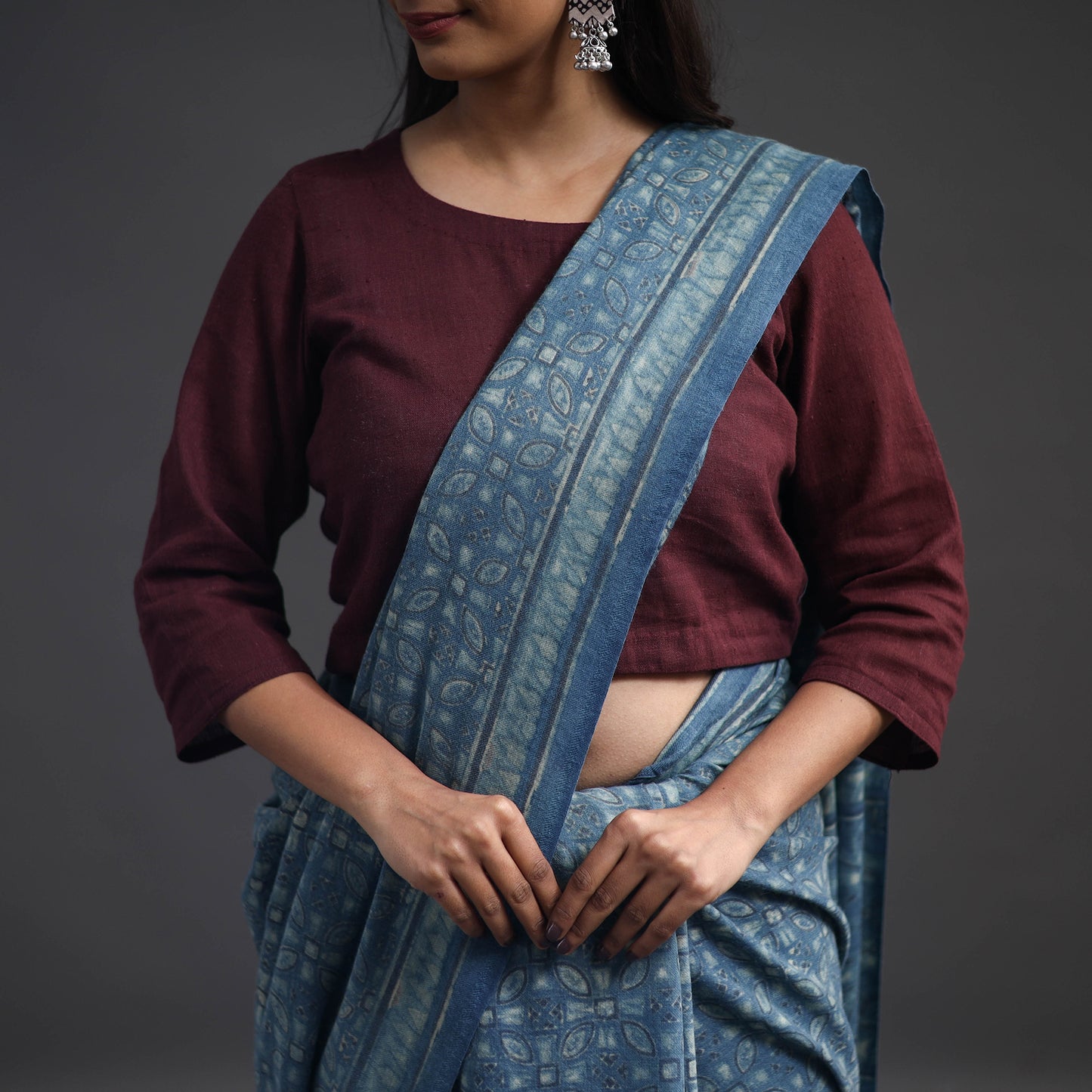 Blue - Merino Wool Block Print Ajrakh Saree with Tassels 05