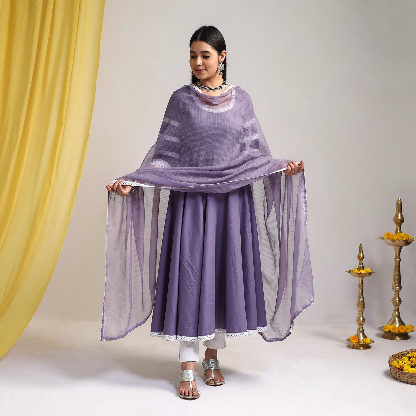 Lace Work Iris Purple Plain Cotton Anarkali Kurta with Dupatta Set