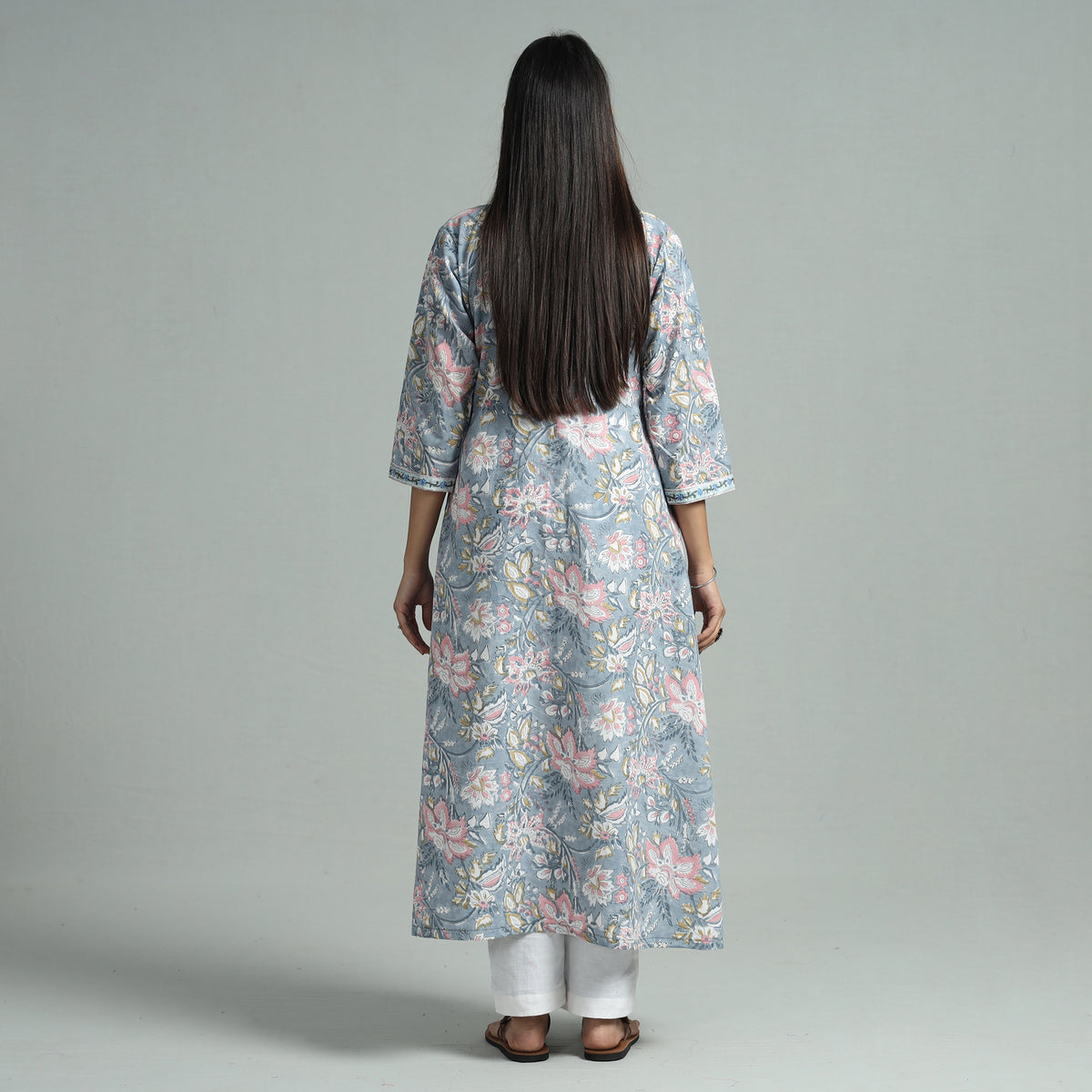 Light Blue - Sanganeri Block Printed Cotton A-Line Kurta