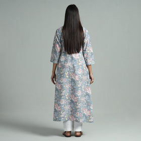 Light Blue - Sanganeri Block Printed Cotton A-Line Kurta