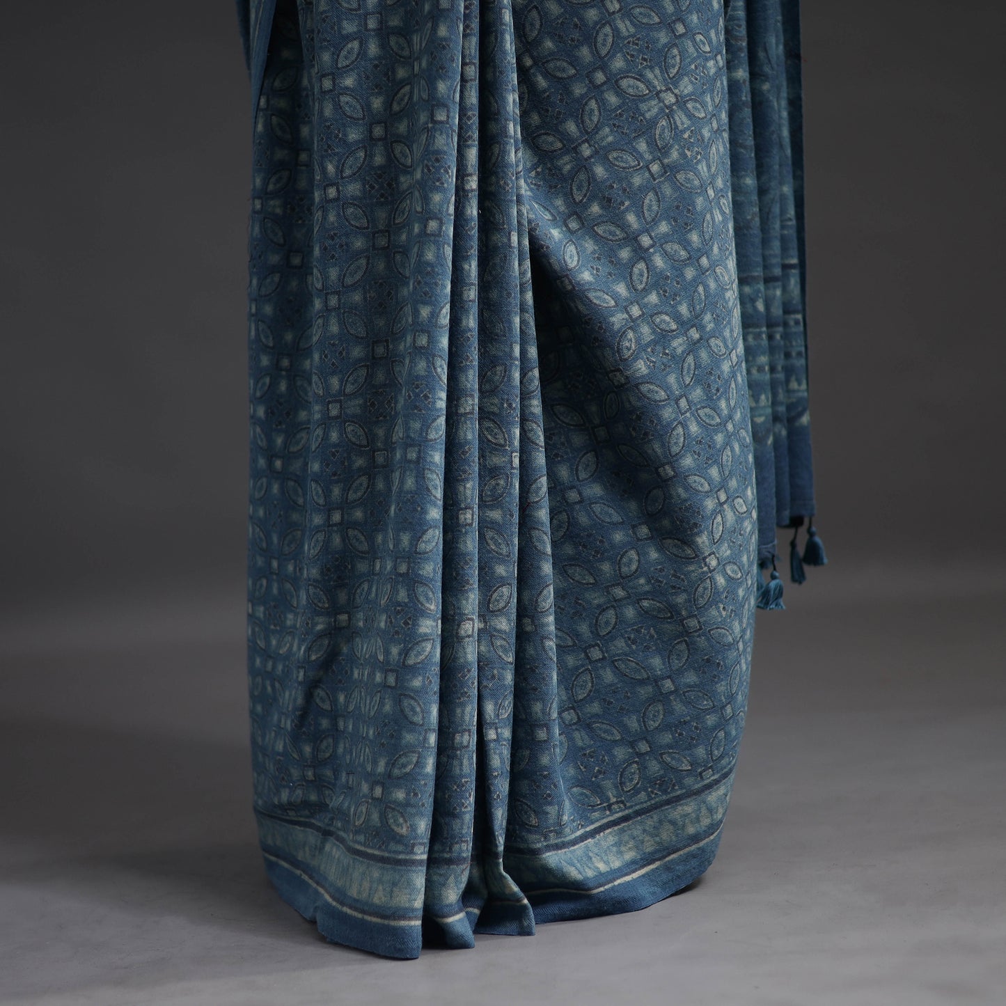 Blue - Merino Wool Block Print Ajrakh Saree with Tassels 05