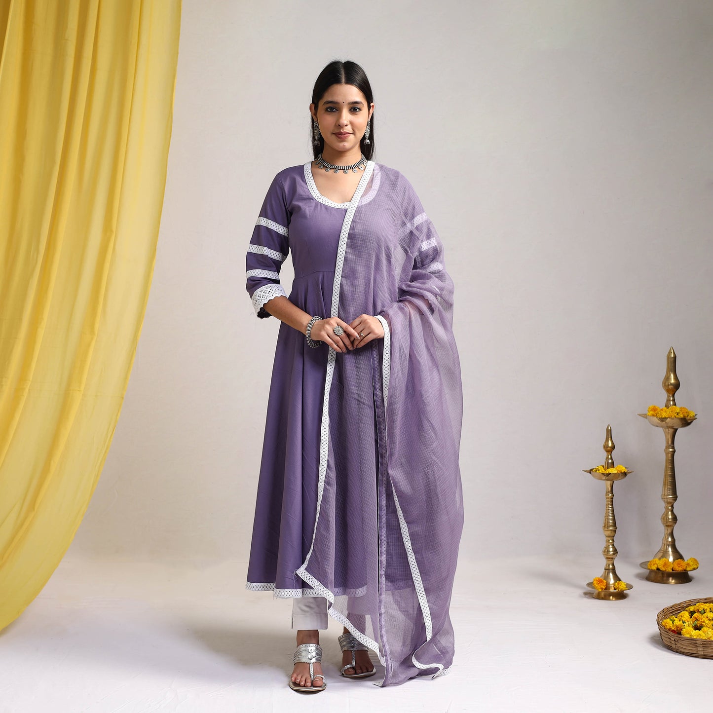 Lace Work Iris Purple Plain Cotton Anarkali Kurta with Dupatta Set