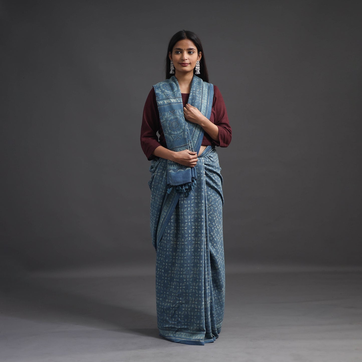 Blue - Merino Wool Block Print Ajrakh Saree with Tassels 05