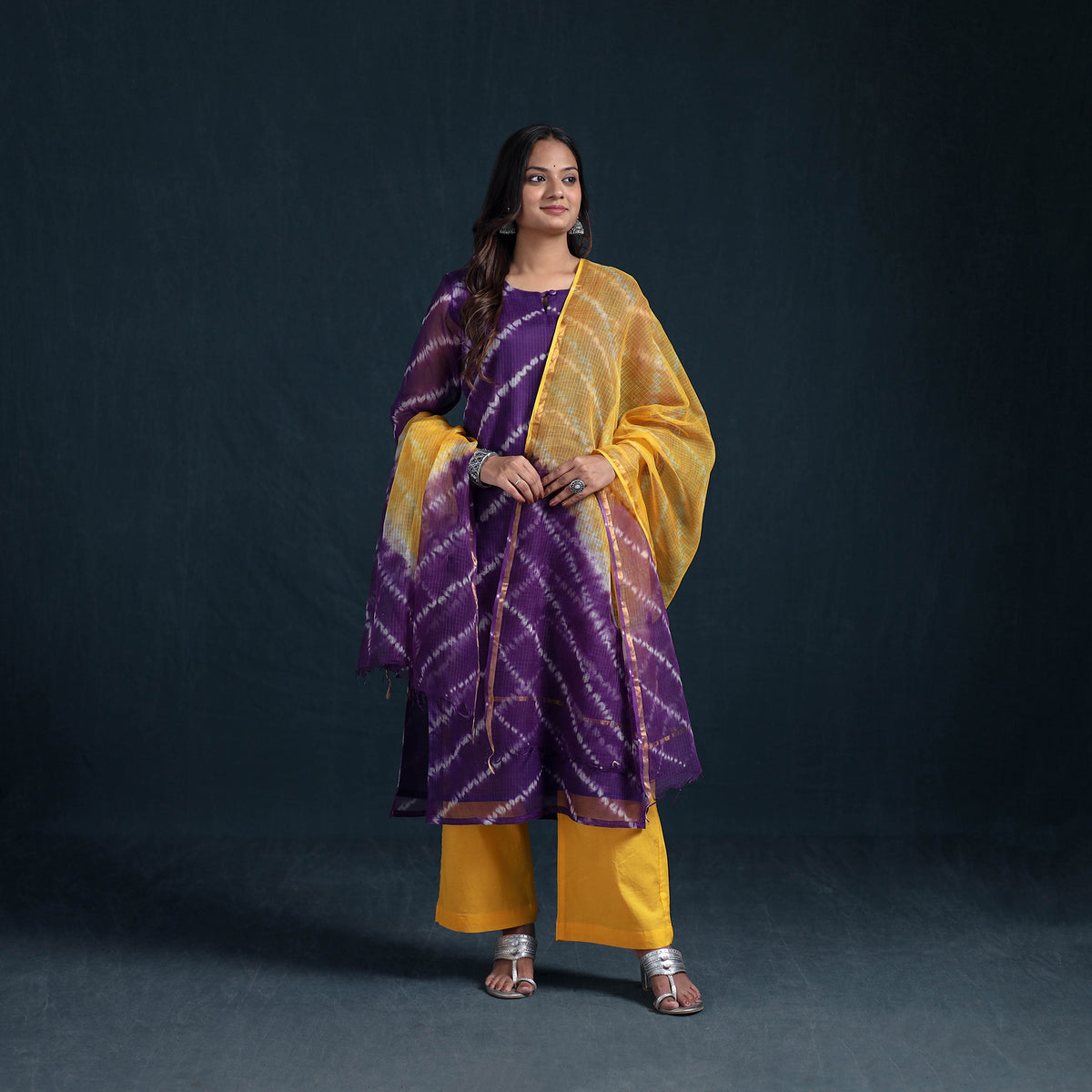 Shibori Tie-Dye Kota Doria Cotton Suit Set with Dupatta for Women 25