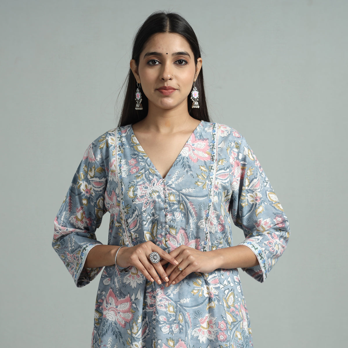 Light Blue - Sanganeri Block Printed Cotton A-Line Kurta