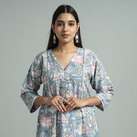Light Blue - Sanganeri Block Printed Cotton A-Line Kurta