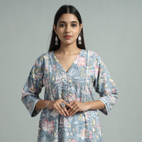 Light Blue - Sanganeri Block Printed Cotton A-Line Kurta