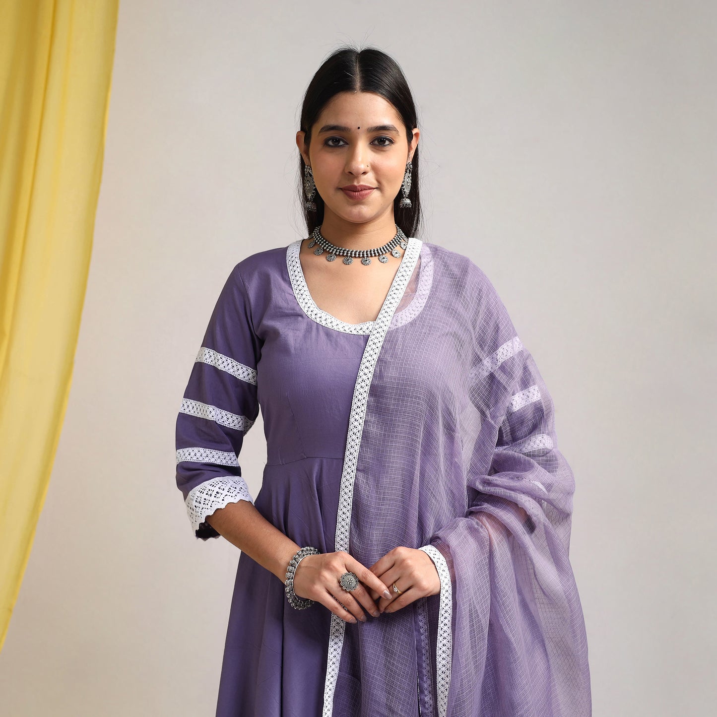 Lace Work Iris Purple Plain Cotton Anarkali Kurta with Dupatta Set