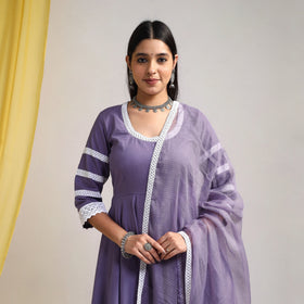 Lace Work Iris Purple Plain Cotton Anarkali Kurta with Dupatta Set