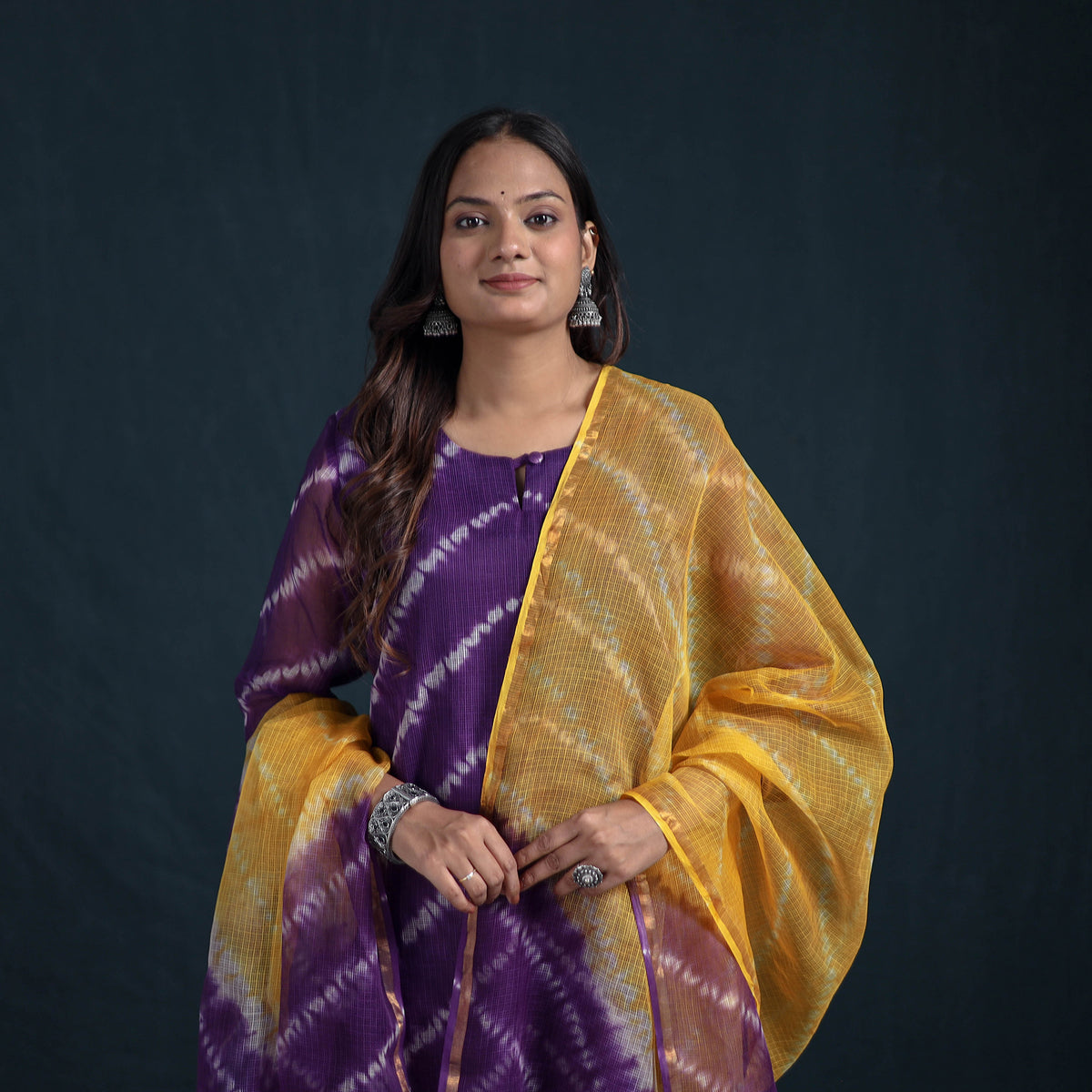Shibori Tie-Dye Kota Doria Cotton Suit Set with Dupatta for Women 25