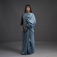 Blue - Merino Wool Block Print Ajrakh Saree with Tassels 05