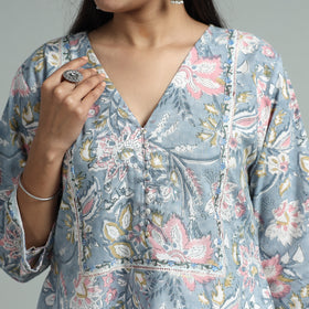 Light Blue - Sanganeri Block Printed Cotton A-Line Kurta