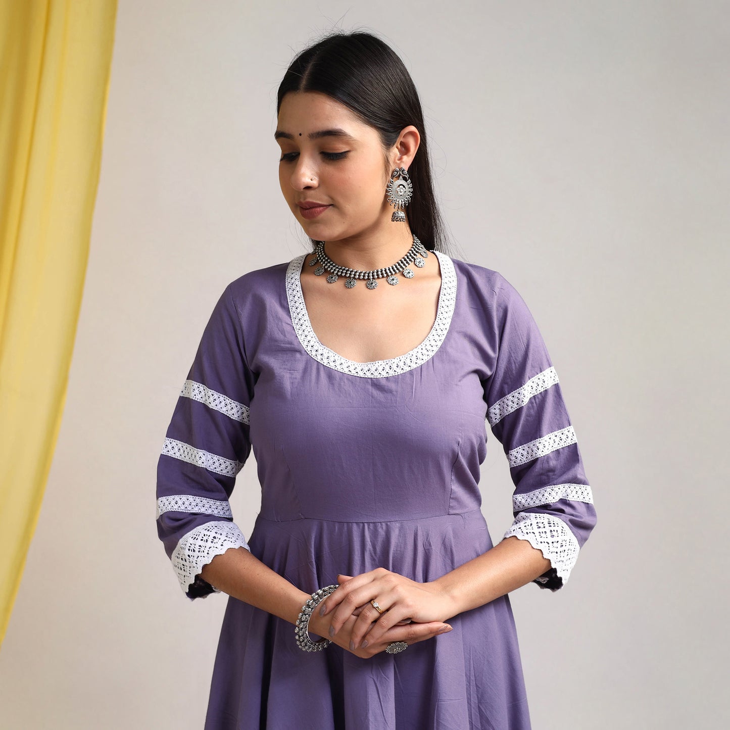 Lace Work Iris Purple Plain Cotton Anarkali Kurta with Dupatta Set