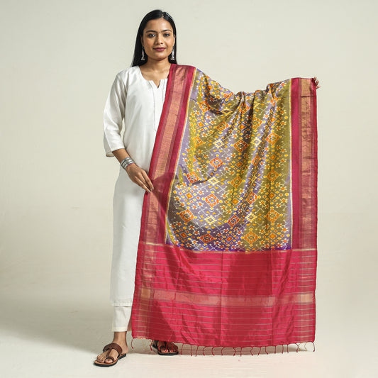 Multicolor - Handwoven Pochampally Double Ikat Mulberry Silk Dupatta with Tassels