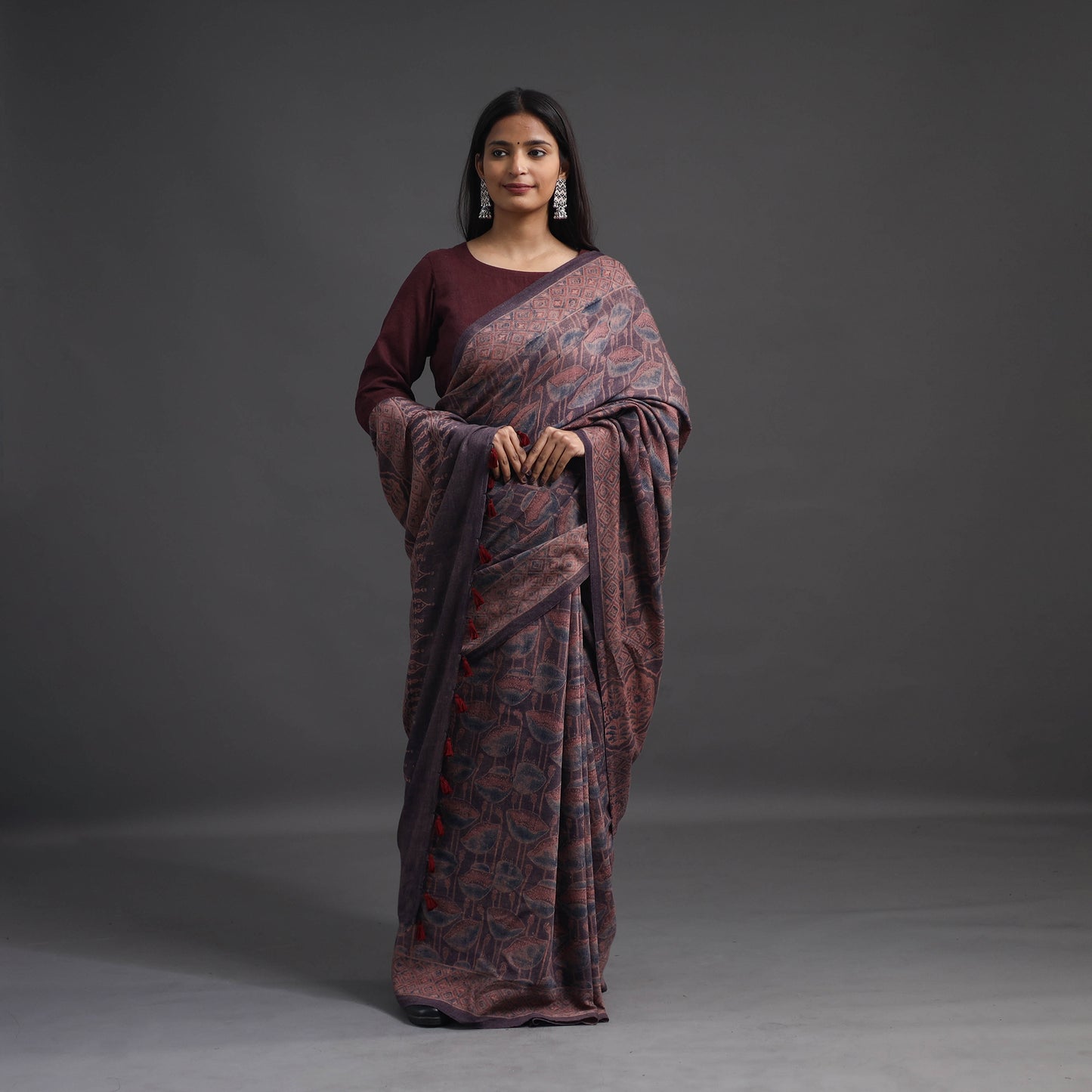 Brown - Merino Wool Block Print Ajrakh Saree with Tassels 06