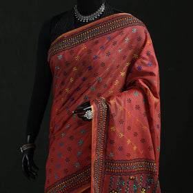 Maroon - Bengal Kantha Hand Embroidery Silk Cotton Chapa Work Saree 47