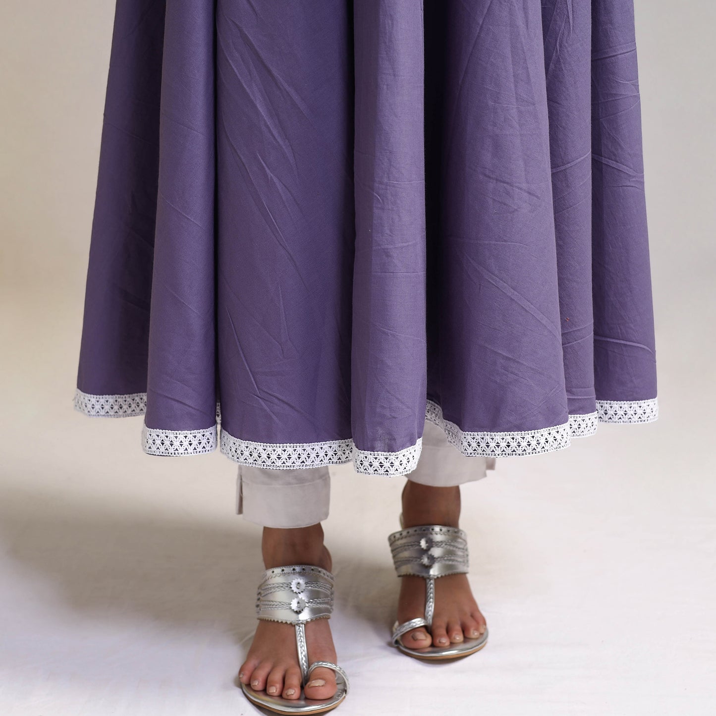 Lace Work Iris Purple Plain Cotton Anarkali Kurta with Dupatta Set
