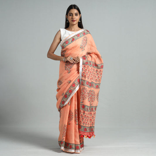 Peach - Sanganeri Block Printed Linen Handloom Saree