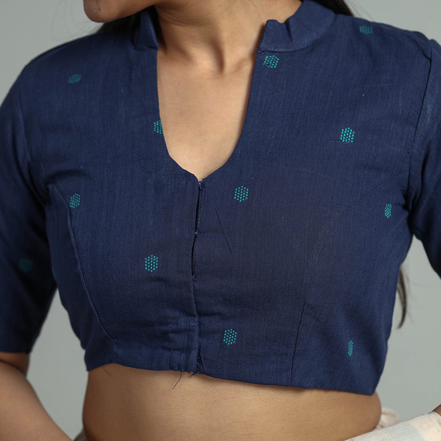 Blue - Jacquard Weave Cotton Stitched Blouse 04