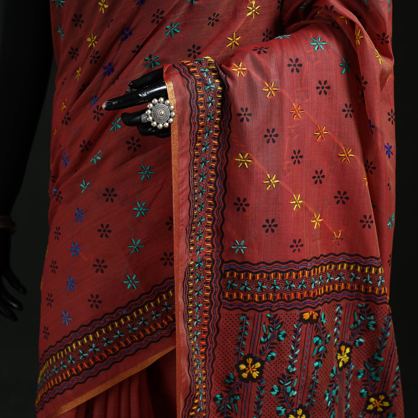 Maroon - Bengal Kantha Hand Embroidery Silk Cotton Chapa Work Saree 47