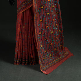 Maroon - Bengal Kantha Hand Embroidery Silk Cotton Chapa Work Saree 47