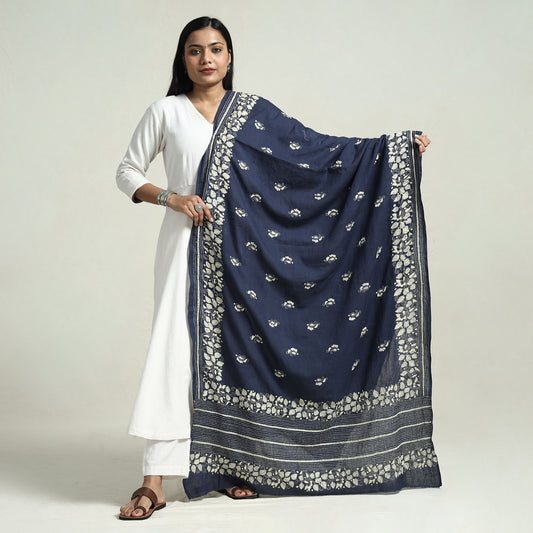 Blue - Bolpur Kantha Embroidery Cotton Handloom Dupatta with Tassels