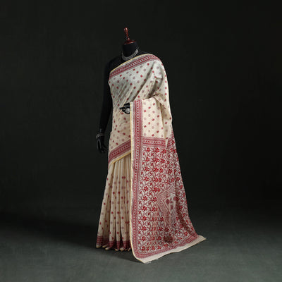 White - Bengal Kantha Hand Embroidery Silk Cotton Chapa Work Saree 48