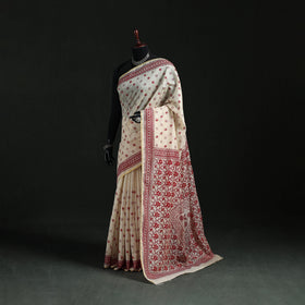 White - Bengal Kantha Hand Embroidery Silk Cotton Chapa Work Saree 48