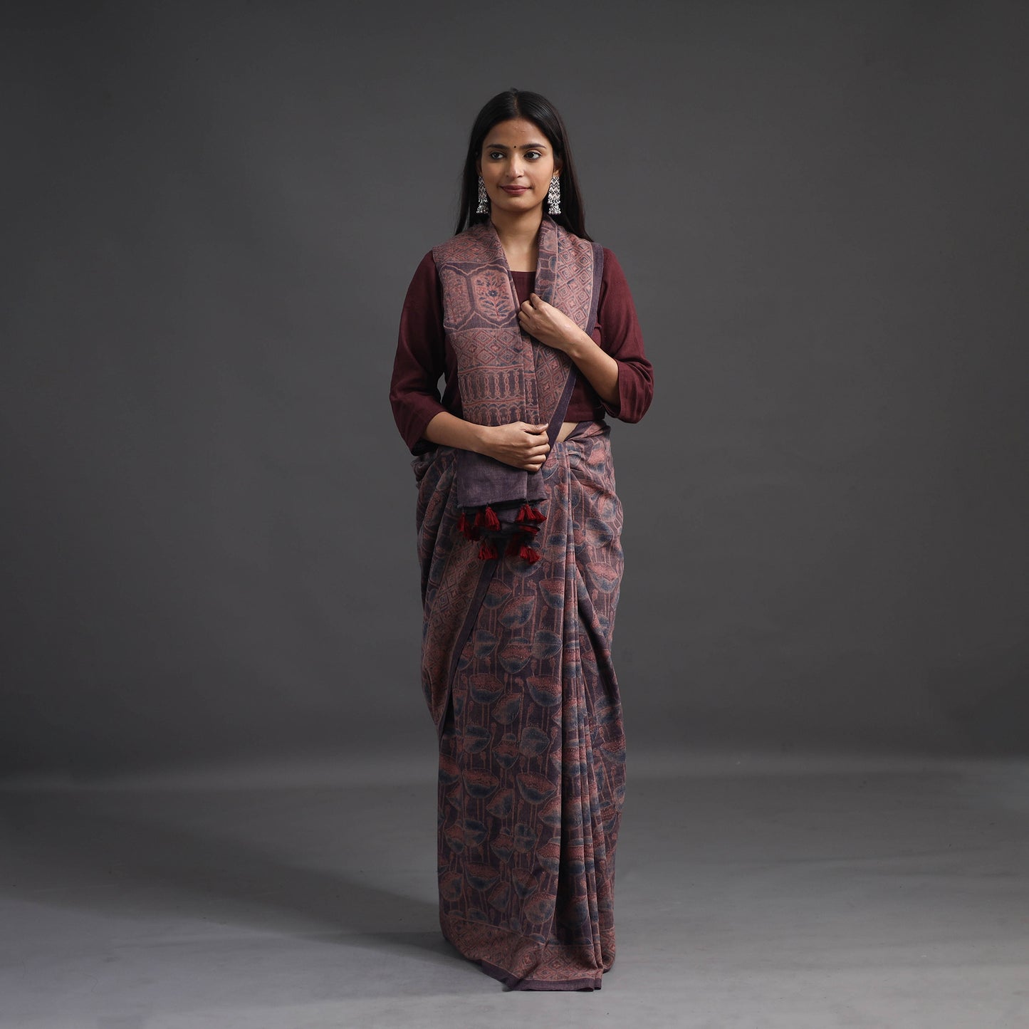 Brown - Merino Wool Block Print Ajrakh Saree with Tassels 06