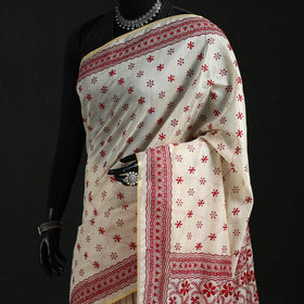 White - Bengal Kantha Hand Embroidery Silk Cotton Chapa Work Saree 48