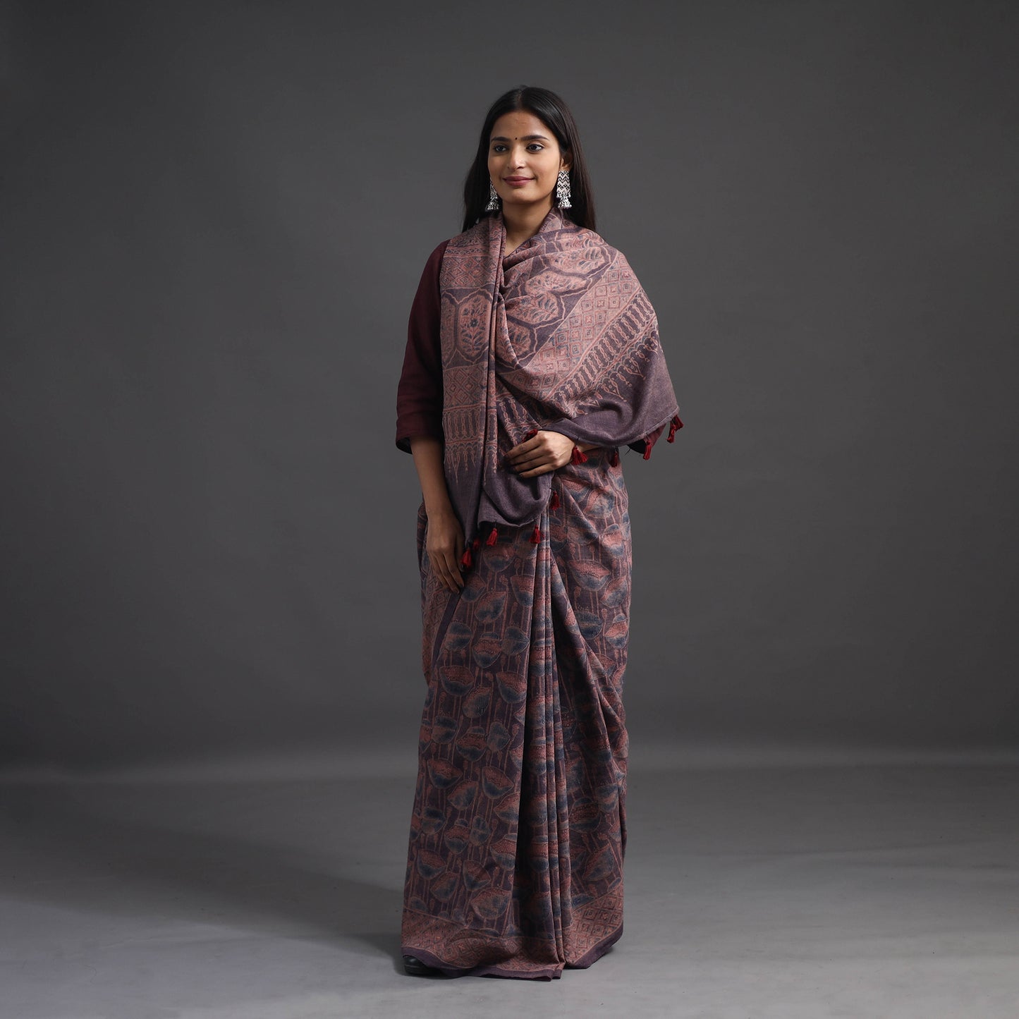 Brown - Merino Wool Block Print Ajrakh Saree with Tassels 06