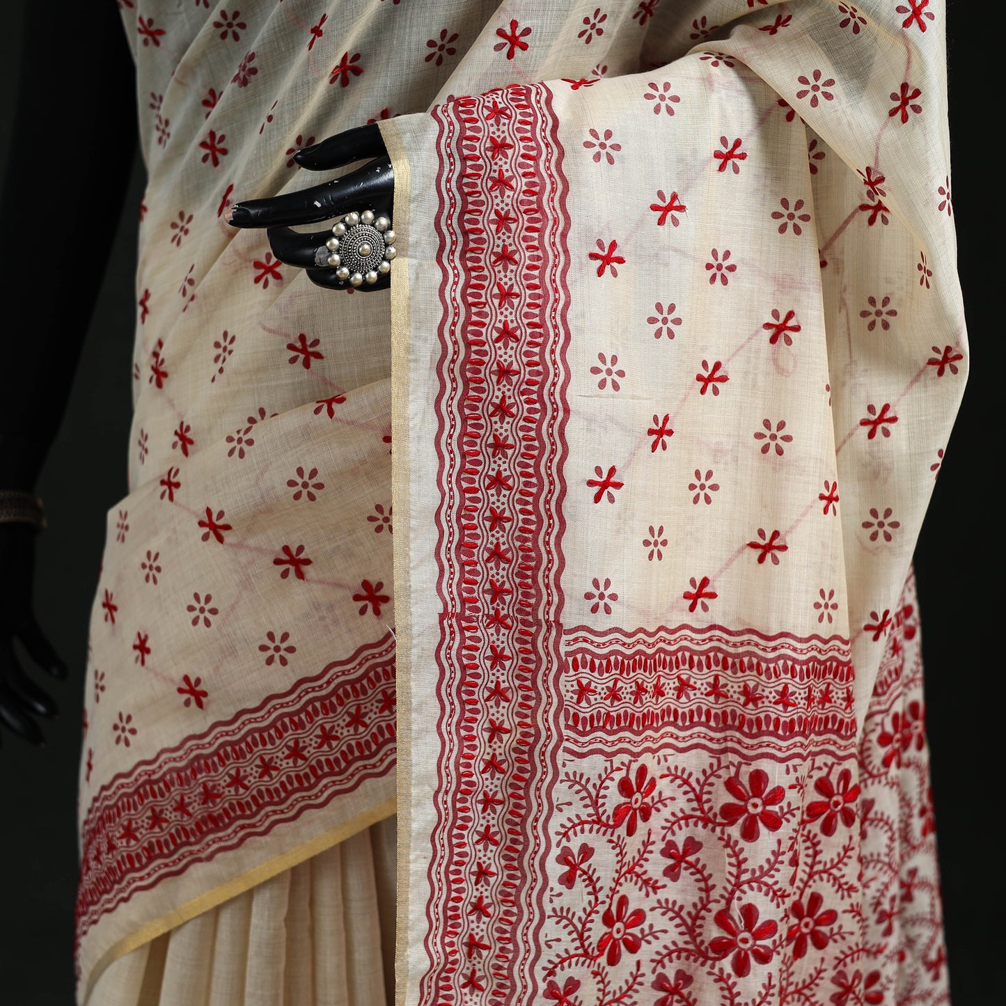 White - Bengal Kantha Hand Embroidery Silk Cotton Chapa Work Saree 48