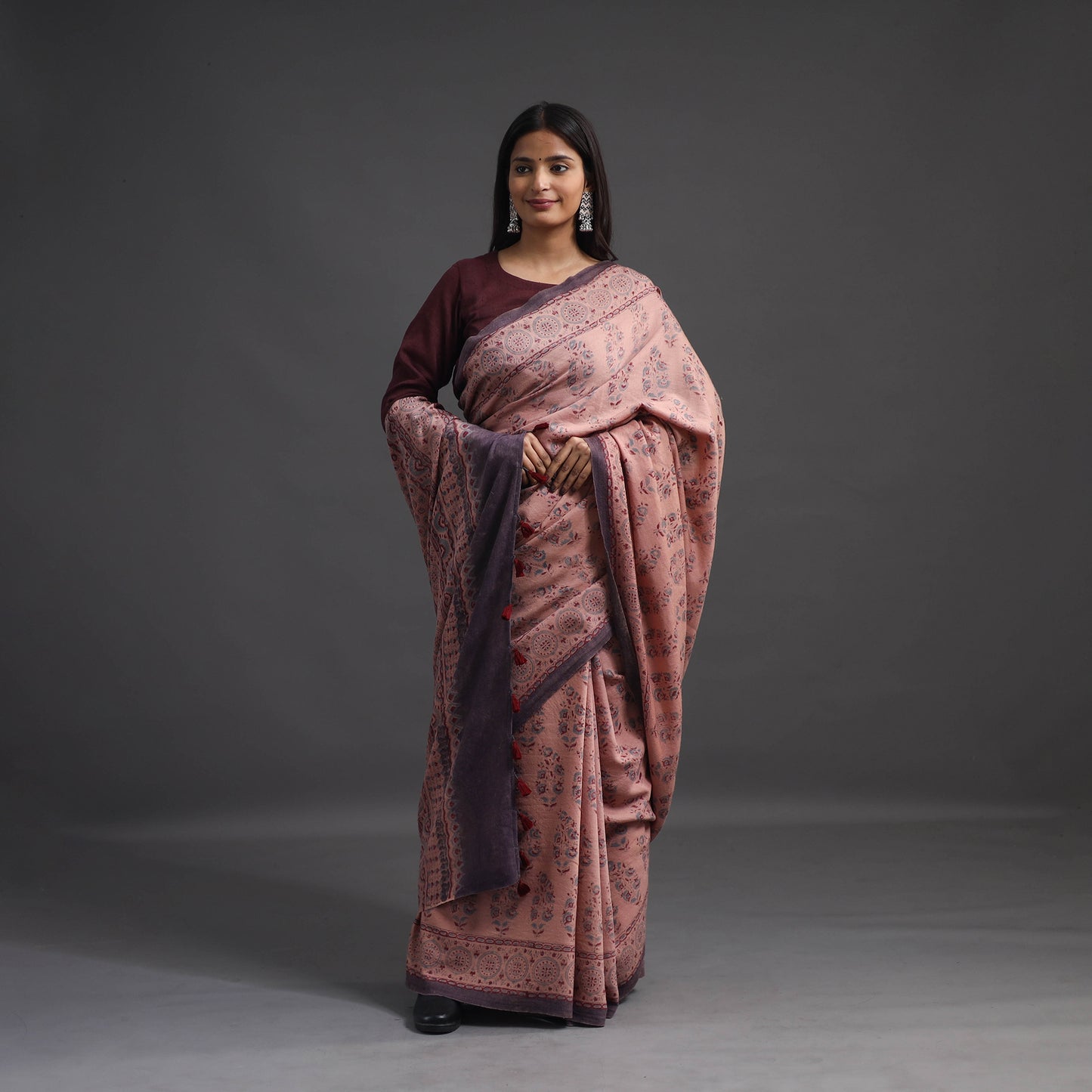 Light Brown - Merino Wool Block Print Ajrakh Saree with Tassels 08