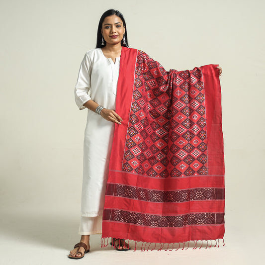 Red - Handwoven Pochampally Double Ikat Mulberry Silk Dupatta with Tassels