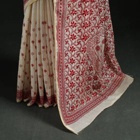 White - Bengal Kantha Hand Embroidery Silk Cotton Chapa Work Saree 48