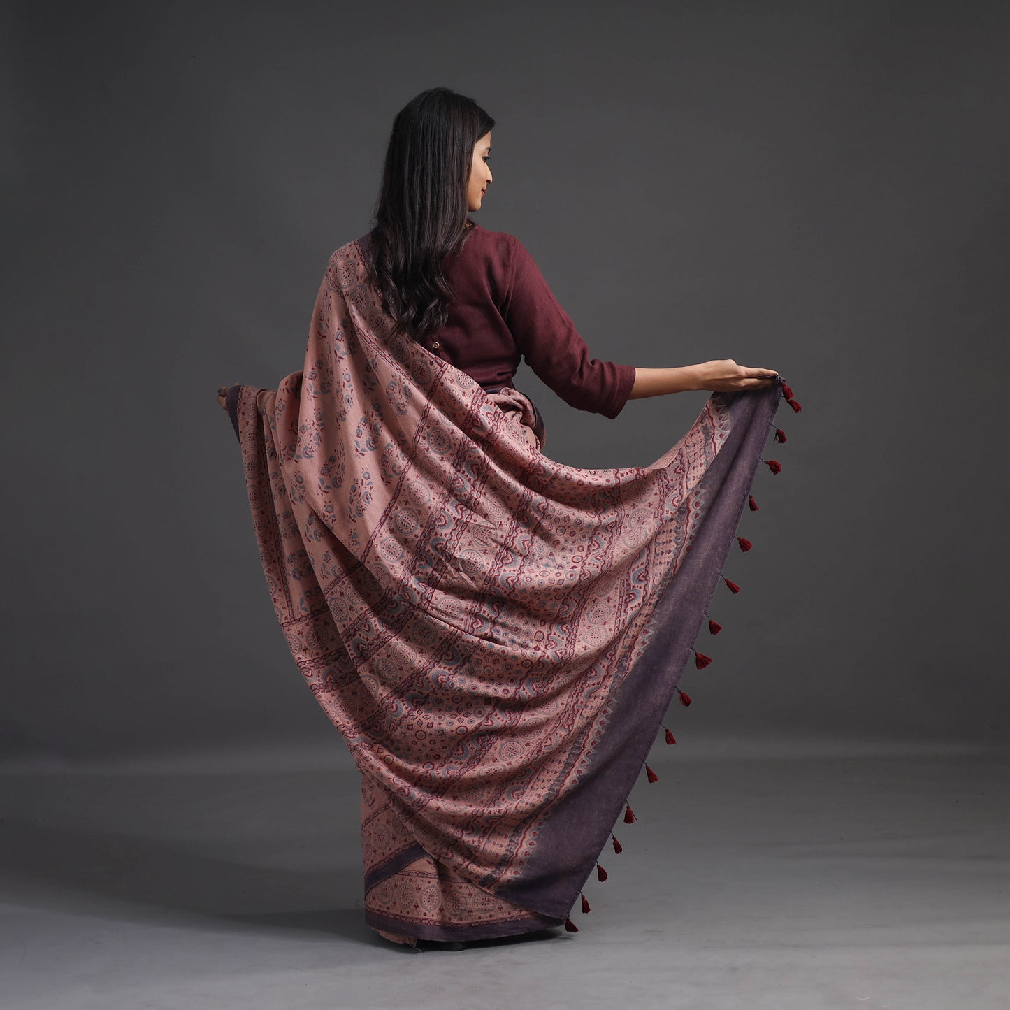 Light Brown - Merino Wool Block Print Ajrakh Saree with Tassels 08