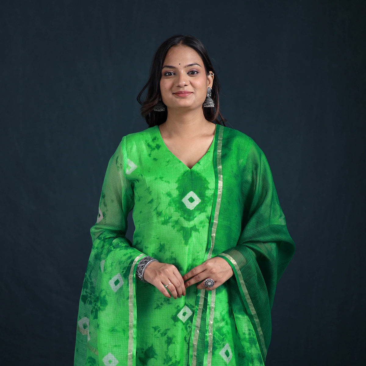 Shibori Tie-Dye Kota Doria Silk Suit Set with Dupatta for Women 24