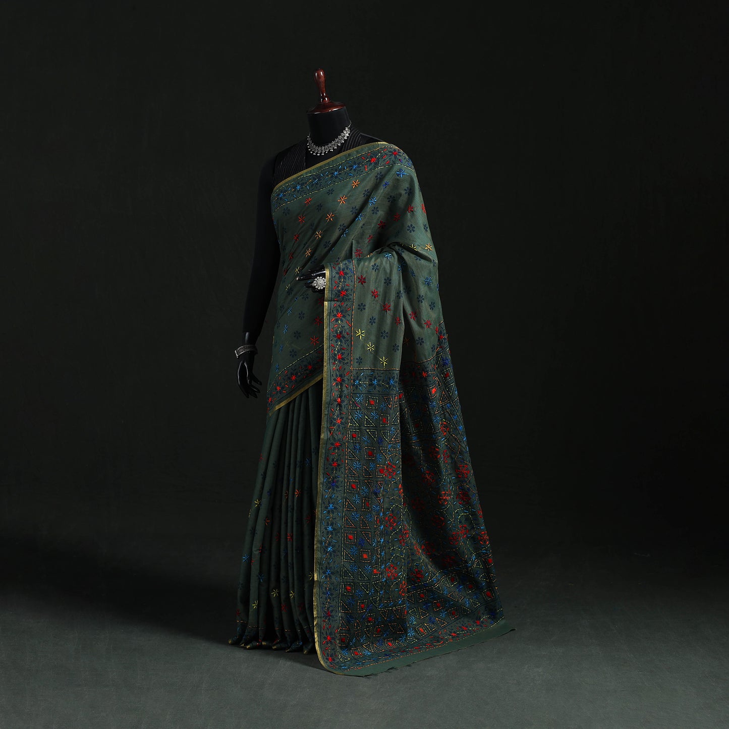 Black - Bengal Kantha Hand Embroidery Silk Cotton Chapa Work Saree 49