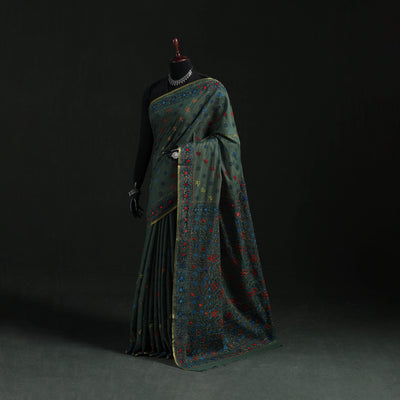 Black - Bengal Kantha Hand Embroidery Silk Cotton Chapa Work Saree 49
