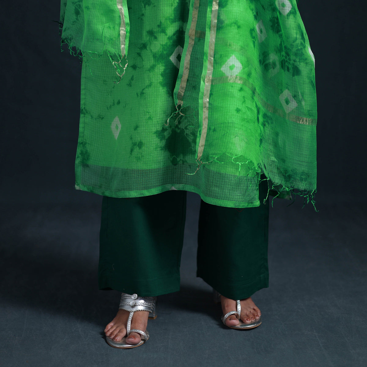 Shibori Tie-Dye Kota Doria Silk Suit Set with Dupatta for Women 24