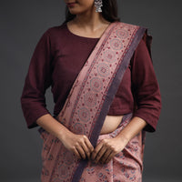 Light Brown - Merino Wool Block Print Ajrakh Saree with Tassels 08