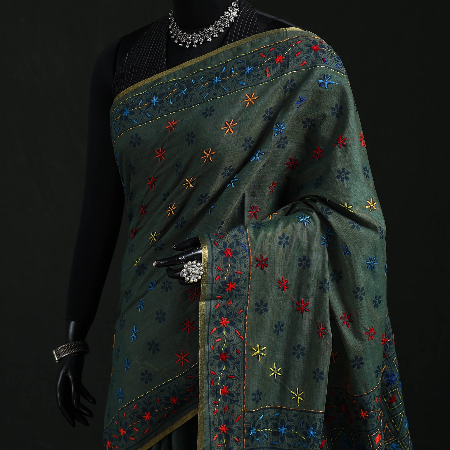 Black - Bengal Kantha Hand Embroidery Silk Cotton Chapa Work Saree 49