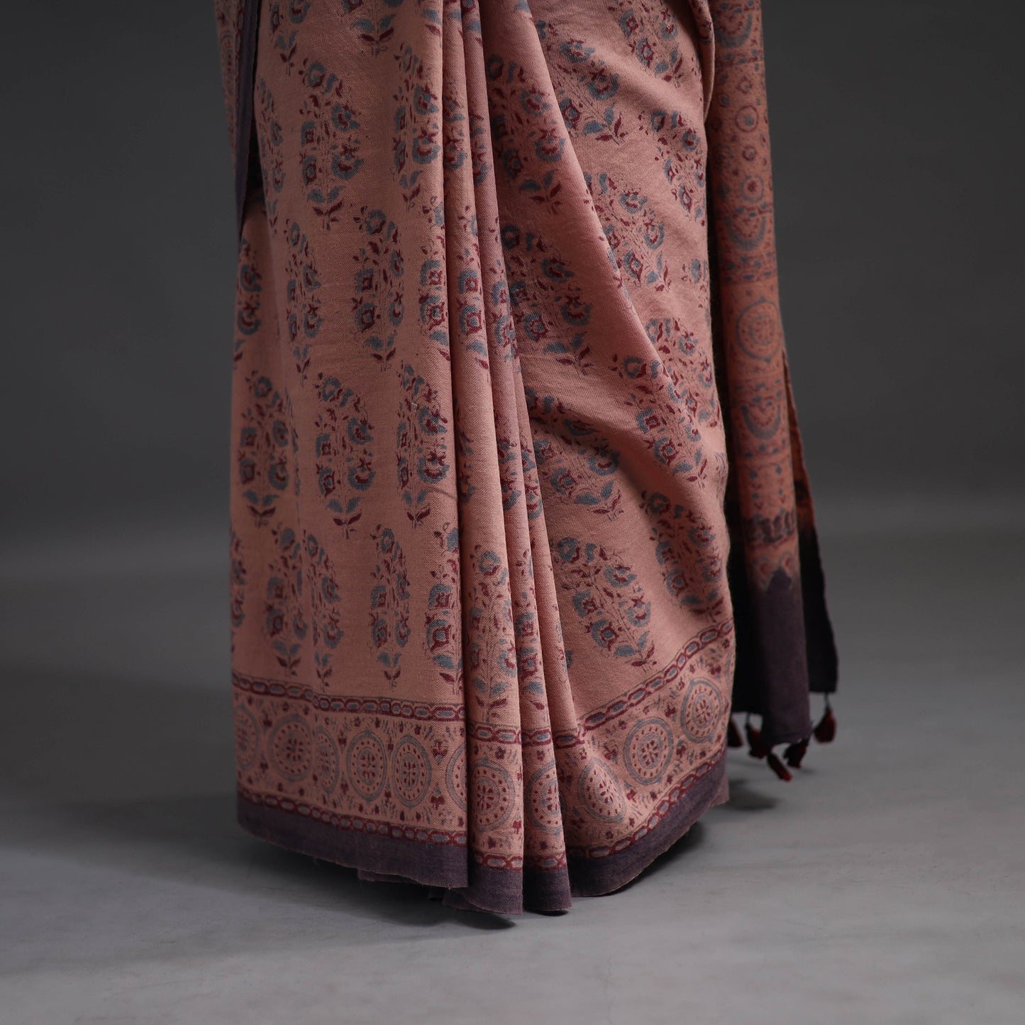 Light Brown - Merino Wool Block Print Ajrakh Saree with Tassels 08