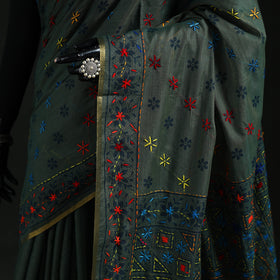 Black - Bengal Kantha Hand Embroidery Silk Cotton Chapa Work Saree 49