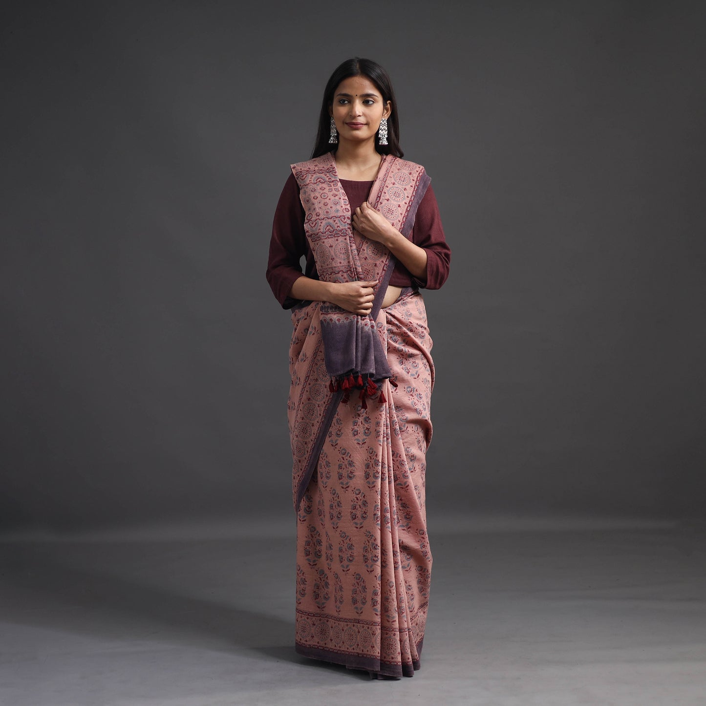 Light Brown - Merino Wool Block Print Ajrakh Saree with Tassels 08