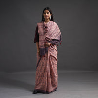 Light Brown - Merino Wool Block Print Ajrakh Saree with Tassels 08